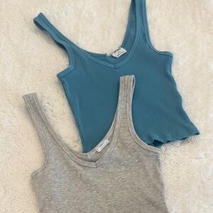 Cotton On Ribbed V-Neck Cropped Tank Top - Blue and Light Gray